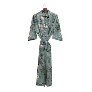 Jungle Hand Block Printed 100% Cotton Long Sleeve Knee-Length Loungewear Robe with Drawstring Closure - Product Image 4