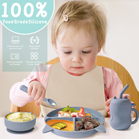Nouveau cadeau pour bébé Vaisselle en silicone de qualité alimentaire Ustensiles pour enfants étanches Assiettes Cuillère Ensemble d'alimentation pour enfants de 0 à 12 mois