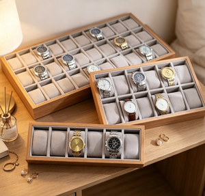 Wood Watch Holder Tray, Soft Flannel Lining Watch Display Case, Multiple Grids Watch <b>Storage</b> <b>Box</b> for Retail Shop Counter Display - Product Image 6