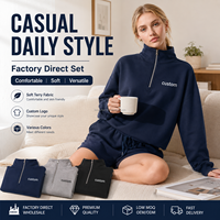Ensemble short et sweat à demi-zip pour femme avec logo personnalisé imprimé en relief, en tissu éponge 280G, tenue décontractée deux pièces, vente en gros de sweats à capuche zippés