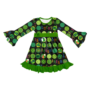 Kids Milk Silk Outfit, St.Patrick Clover Print, Ruffle Long/Short Sleeve Girls Clothes, Dress & Pajama Set for Holiday - Product Image 4