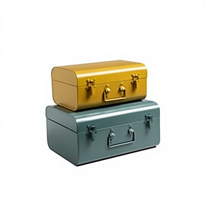 Industrial Curved <b>Metal</b> <b>Trunk</b> Set Rectangular Hinged Closure Classic Design With Lid Stacking Mint Green And Yellow 2 Layer - Product Image 1