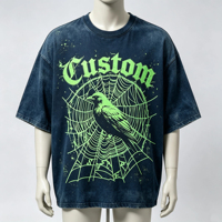 T-shirt Homme Personnalisé Vert Néon Imprimé Toile d'Araignée Corbeau, Coupe Oversize Épaules Tombantes, Noir, Style Gothique Streetwear, Grammage Lourd, 100% Coton, Coupe Courte