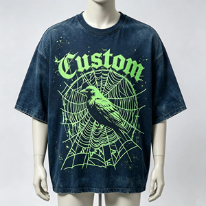 T-shirt da uomo personalizzata con stampa a ragnatela e corvo verde neon, oversize, con spalle scese, nera, stile streetwear gotico, pesante, 100% cotone, taglio corto - Product Image 3