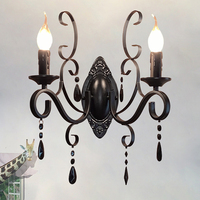 Applique murale LED 2 lumières en fer forgé noir, style bougie, avec cristal noir effet cire coulante, design moderne, pour décoration de salon et chambre