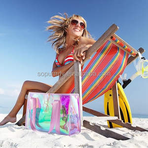 女性のためのカスタムロゴラージビーチバッグ防水チッププルーフビーチトート虹色のバッグプール用防水ポケット付き - Product Image 5