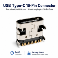 Connecteur USB Type C 16 broches femelle à monter sur circuit imprimé, charge rapide 3A, contacts plaqués or, prise SMT pour station de charge