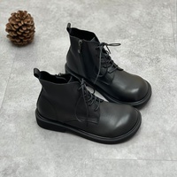 Bottines courtes vintage pour femmes automne 2025, en cuir pleine fleur, bout rond, talon bas, semelle extérieure en caoutchouc, fermeture éclair latérale