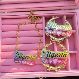 Benutzer definierte Doppel Acryl Name Bambus Gold Big Hoop Ohrringe Bling Liebe Herz Charme Cartoon Namensschild Halskette Sets