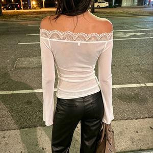 T-shirt blanc à épaules dénudées avec dentelle, froncé, en polyester respirant, à manches longues, coupe ajustée pour femme, idéal pour la plage, les fêtes ou les tenues décontractées - Product Image 5