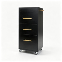 Armoire de rangement à roulettes avec 4 tiroirs, poignées dorées, roulettes, finition noir mat pour salon de coiffure, barbier, spa, studio de manucure