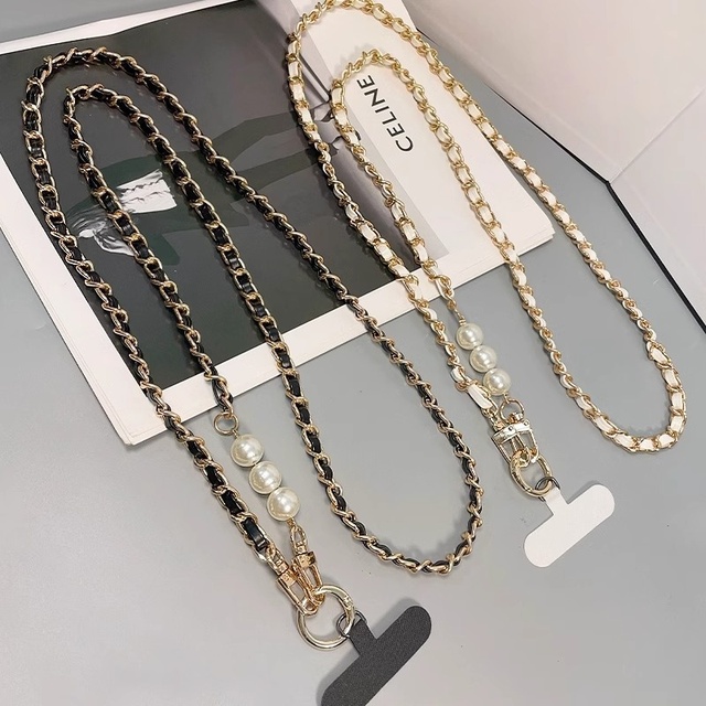 Durable Metal Cute Pearl PU Leather Mobile Phone Straps Crossbody Strap Pearl Chain with Anti-Loss Wrist Strap Lanyard for Phone