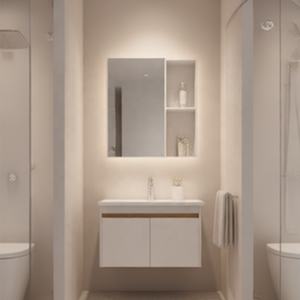 Mueble de Baño Moderno <span class=keywords><strong>Blanco</strong></span> de Aluminio y Madera Maciza <span class=keywords><strong>con</strong></span> Lavabo de Cerámica Resistente al Agua, Gabinete de Doble Puerta, Espejo <span class=keywords><strong>con</strong></span> Detalles Dorados Incluido - Product Image 1