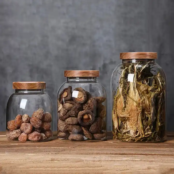 Clear Borosilicate Glass Storage Jars with Airtight Wooden Lids,19