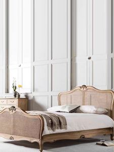 French Vintage Solid Oak Wood Durable King Size <strong>Floor</strong> <strong>Standing</strong> Bed Handwoven Rattan <strong>Headboard</strong> for Home Hotel Bedroom Furniture - Product Image 4