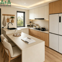 Gabinetes de Cocina SLS con Textura de Madera Japandi, con Península, Muebles Modulares Personalizados para Interiores Modernos de Alta Gama