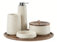 Ensemble d'accessoires de salle de bain de luxe 4 pièces en terrazzo, plateau en bambou, distributeur de savon en résine blanc crème, porte-brosse à dents, moderne et écologique