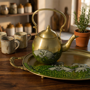 Théière vintage en laiton avec couvercle et poignée, motif éléphant vert, pour les fêtes - Product Image 5