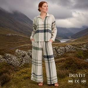 Ensemble haut à col polo et demi-fermeture en lin mélangé à rayures écossaises 160 GSM + pantalon large pour femme, style Highland, OEM XS-5XL - Product Image 4