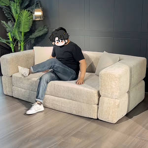 أريكة مودولار مستعملة من الشنيل بمقعدين لغرفة المعيشة في الشقق الصغيرة، أريكة سرير قابلة للطي مزدوجة بتصميم عتيق مع ضغط فراغي - Product Image 3