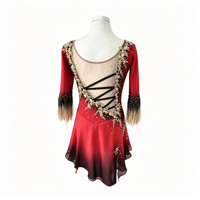 Robe de patinage artistique dégradé rouge et noir, manches 3/4 à plumes, costume de compétition avec strass, personnalisable pour enfants, adolescents et adultes, OEM