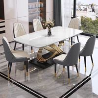 Table à manger de luxe en or avec plateau en marbre et pieds en métal, 6 places, moderne, rectangulaire, ensemble table et chaises de salle à manger