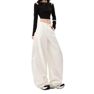 <span class=keywords><strong>Jean</strong></span> cargo <span class=keywords><strong>blanc</strong></span> en coton taille mi-haute à jambe large pour femme, style streetwear hip-hop, multi-poches, décontracté, pour les vacances - Product Image 3