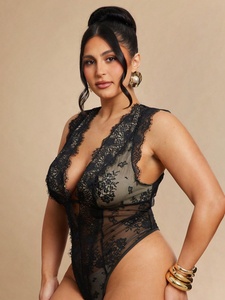 Teddy sexy en dentelle florale transparente à col en <span class=keywords><strong>V</strong></span> profond, sans manches, lingerie de nuit, taille plus, combinaison transparente - Product Image 5