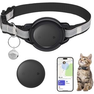 Traceur GPS Vebiso pour chats, mini localisateur intelligent pour animaux de compagnie avec contrôle par application, collier en nylon noir inclus, clochette, compatible iOS - Product Image 1