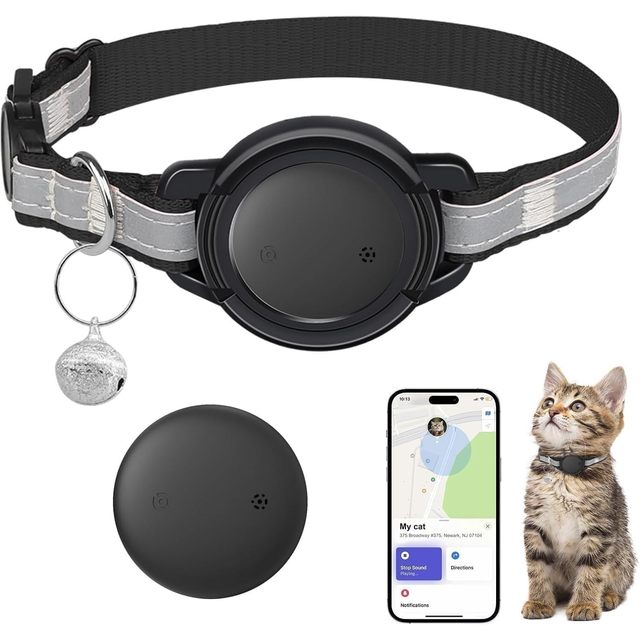 Vebiso GPS Tracker For Cats Mini Smart Pet Locator With App Control Black Nylon Collar Included Bell iOS Compatible