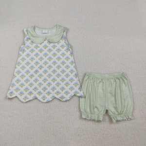 GSSO3036 RTS Tenues d'été pour petites filles, imprimé fleurs roses, vêtements pour enfants en gros, ensemble mignon pour fille avec manches volantées et dentelle - Product Image 4