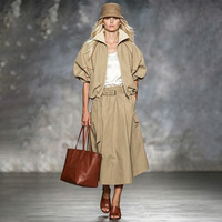 Veste décontractée mi-longue à manches courtes, couleur contrastante, avec cordon de serrage, fermeture éclair, col à revers, ceinture, taille élastique, poches, couleur unie