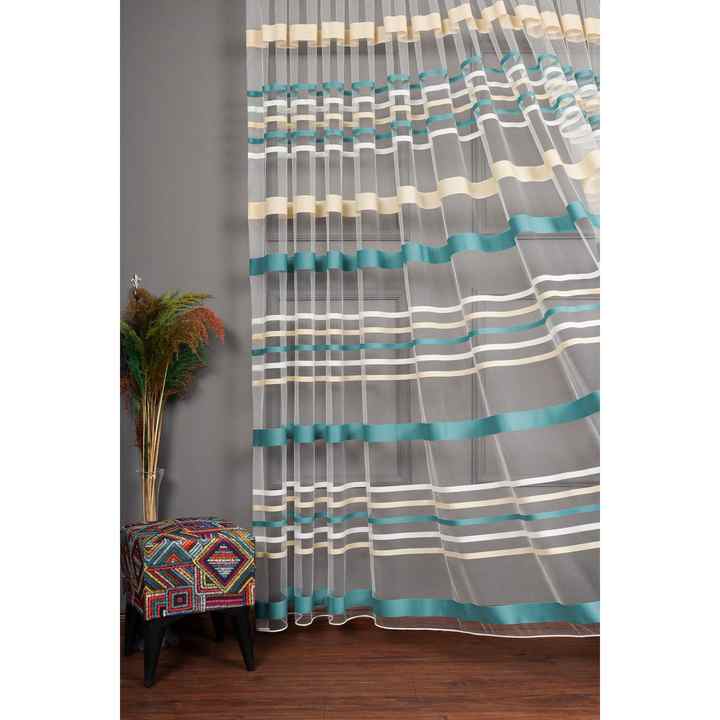 Transverse Striped Banded Sports Tulle Curtain, 600x250, Close Pleat, 1/3