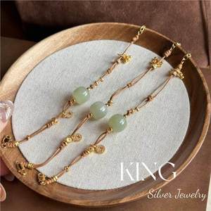 S925 Silver Plated <b>Gold</b> Jade <b>Bracelet</b> With Garnet And Hetian Jade Retro Style For Everyday Wear - Product Image 2
