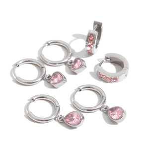 ต่างหู huggie ต่างหูสีชมพูเซอร์โคเนียมรูปหัวใจหยดน้ำตาเป็นหนามเตยใส่ได้ทุกวันต่างหูห้อยทำจากสแตนเลส - Product Image 1