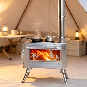 <span class=keywords><strong>Estufa</strong></span> de Leña para Exteriores de Acero Inoxidable con Ventanas de Vidrio para Observación del Fuego, Diseño Plegable para Calefacción en Campamentos - Product Image 1
