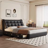 Lit Double Moderne Minimaliste en Bois Rembourré avec Rangement, Design en Cuir, pour Chambre Parentale