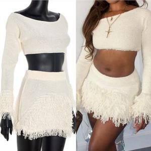 Viviblook Q25ST224 Sexy automne nouveau Sexy à manches longues haut court Mini jupe tricoté costume 2 pièces ensemble pour les femmes - Product Image 1