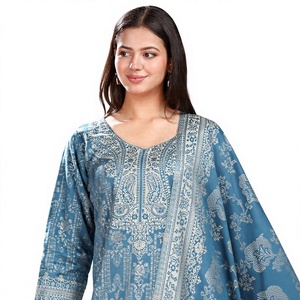Salwar Kameez de lana azul para mujer con estampado a mano, corte holgado, largo hasta el tobillo, ropa informal tradicional india y pakistaní - Product Image 2
