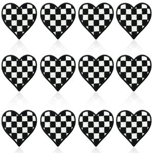 12個黒と白のチェッカーボードハート型刺繍パッチジーンズジャケット服と帽子DIYデコレーション - Product Image 2