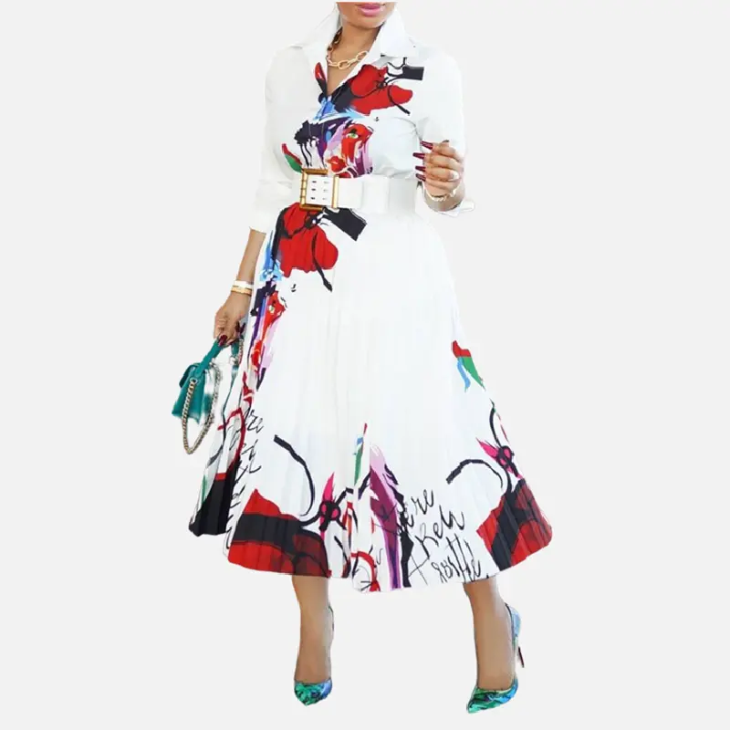 YM2024新着ファッションエレガントなデジタルプリントフローラルドレス女性長袖プリーツドレスレディースマキシドレス