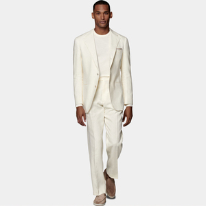 <span class=keywords><strong>Traje</strong></span> de <span class=keywords><strong>hombre</strong></span> de negocios de <span class=keywords><strong>lino</strong></span> <span class=keywords><strong>blanco</strong></span> cremoso delgado de un solo pecho - Product Image 1