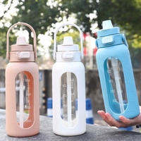 Bouteille d'eau en verre borosilicate de 1000 ml avec couvercle à paille et poignée |   Gobelet de voyage portable à double bec verseur B2B