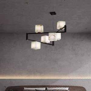 Lámpara colgante LED moderna de hierro negro lineal con pantallas cuadradas de alabastro para sala de estar, luz blanca cálida de 3500K - Product Image 4