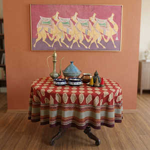 Round Cotton <b>Tablecloth</b> with Floral Pattern <b>Red</b> Brown Modern Handmade Customized Washable Party Use - Product Image 3