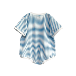 Terry Cloth Baby Romper Blue <strong>White</strong> Striped Short Sleeve <strong>Onesie</strong> - Product Image 3