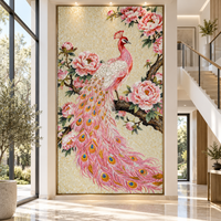 Dekorasi Dinding Mosaik Kaca Bunga Peony Merak Merah Muda Mewah untuk Kamar Mandi, Rumah, Lobi Hotel, Dekorasi Latar Belakang Interior