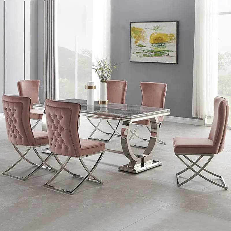 Europe dining tables set 6 wishbone grey pink navy blue color silver leg island velvet fabric dining chairs