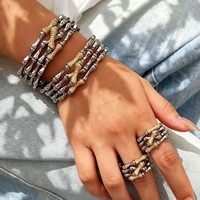 Ensemble de Bracelet et Bague en Laiton Bicolore Style Bambou Plaqué Or 18K avec Micro-Pavé de Zirconium – Cadeau de Mariage et Fiançailles de Luxe – Vente en Gros