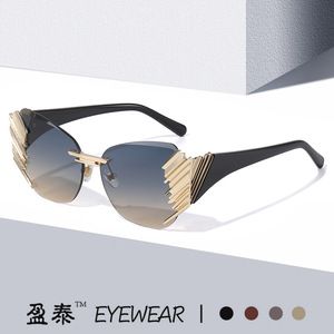 Unisex Frameless Cut Edge Sunglasses Gold Metal <b>Plastic</b> UV400 Protection Street Style <b>Glasses</b> - Product Image 2